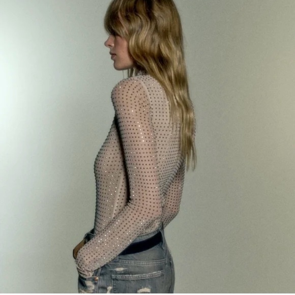 Zara NWOT mesh nude rhinestone bodysuit size S - Picture 2 of 4